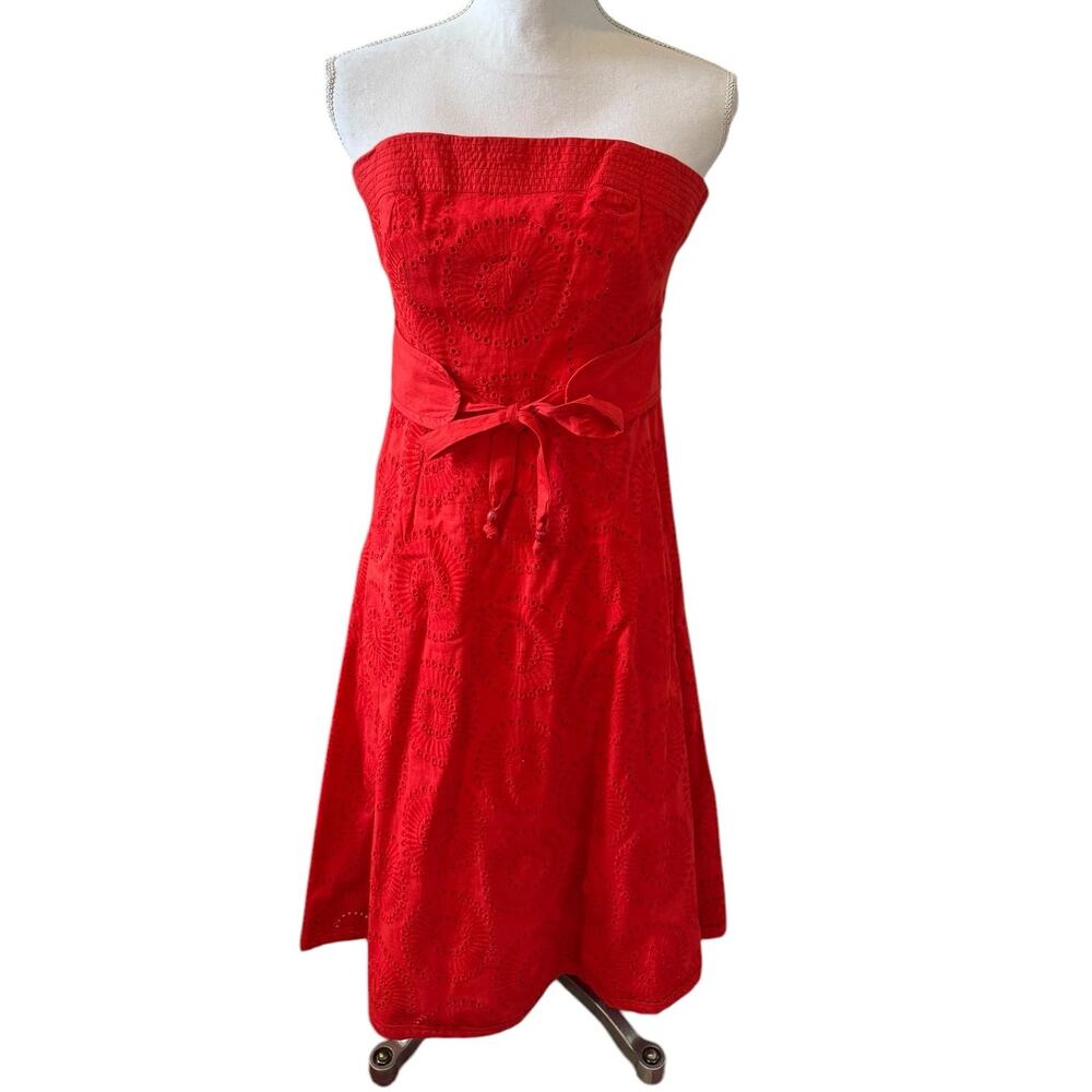 Plenty Tracy Reese Eyelet Strapless Dress Obi Belt Tomato Red 6